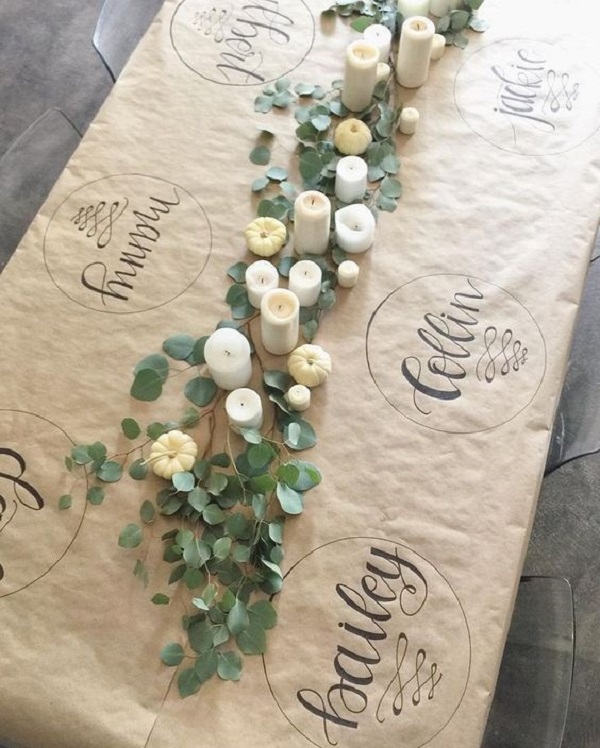 Tablescape of butcher paper and eucalyptus
