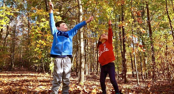 Kids playing in fall leaves