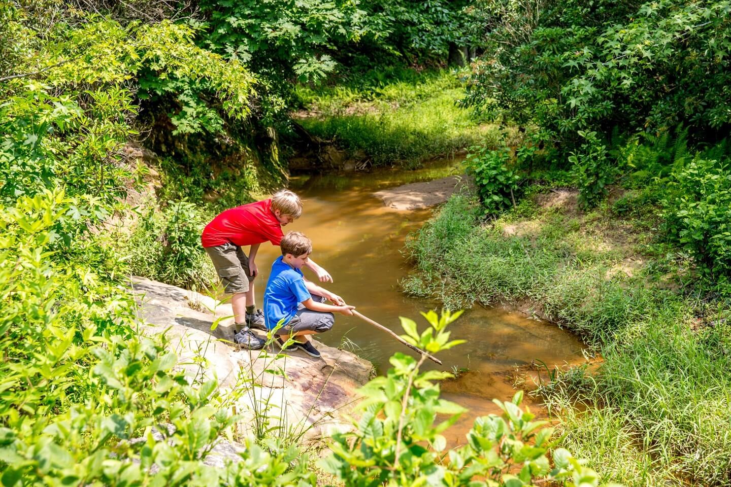 Kids playing by a stream